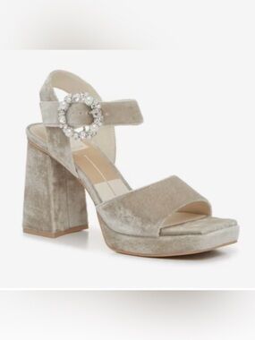 Dolce Vita Women Champagne Velvet Platform Block Heel Sandal with Crystal Buckle